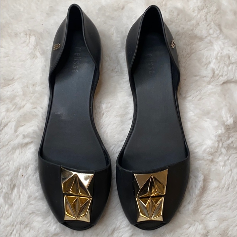 Melissa black vegan flats with gold detail